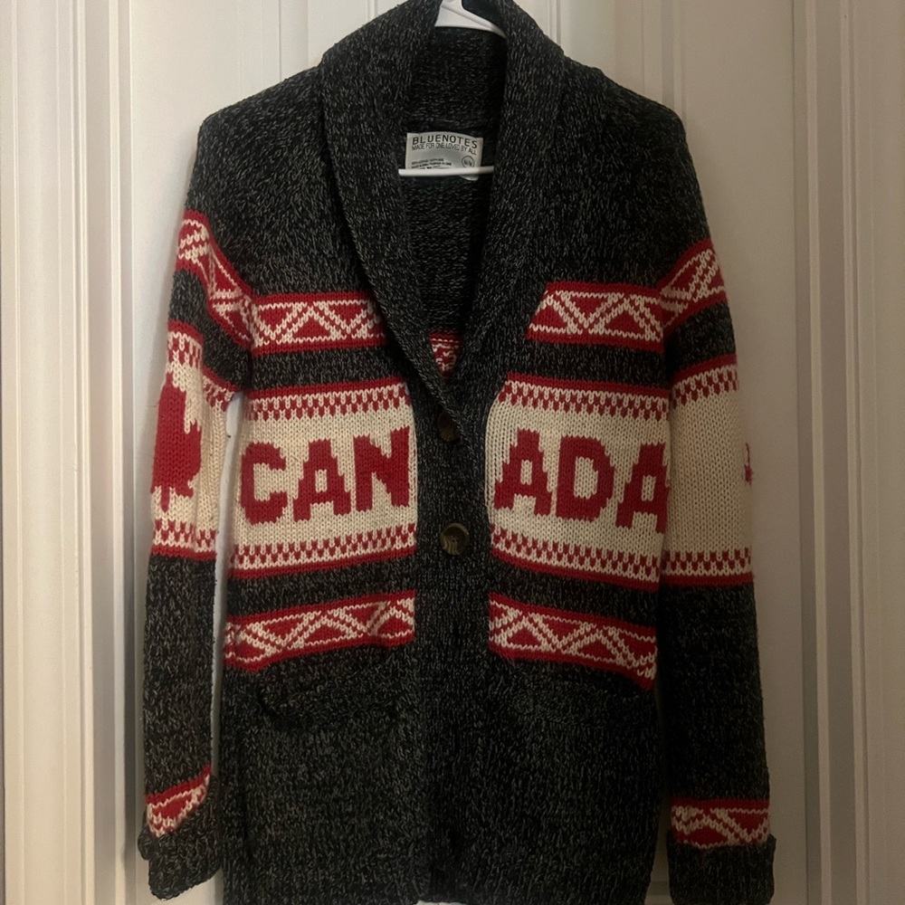 Bluenotes Black and Red Cardigan Sweater with Nordic Patterns